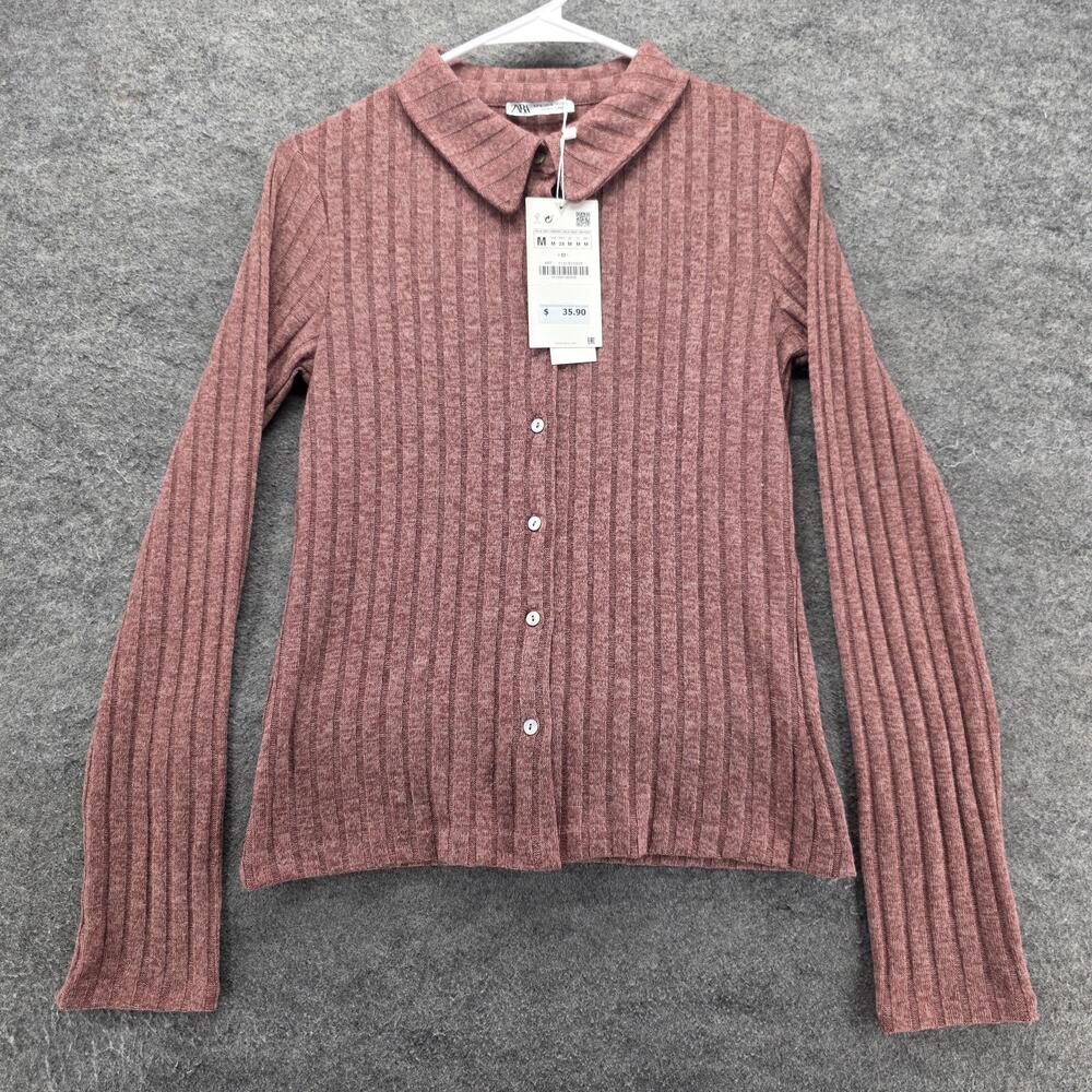 Zara Cardigan Womens M Pink Collared Tight-Knit Button Stretch Long Sleeve